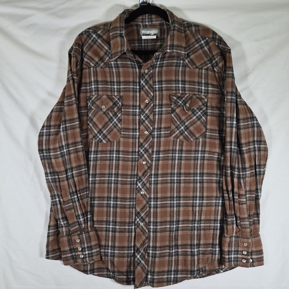 Wrangler Wrancher Flannel Shirt Mens XL Brown Plaid Pearl Snap Western Button Up